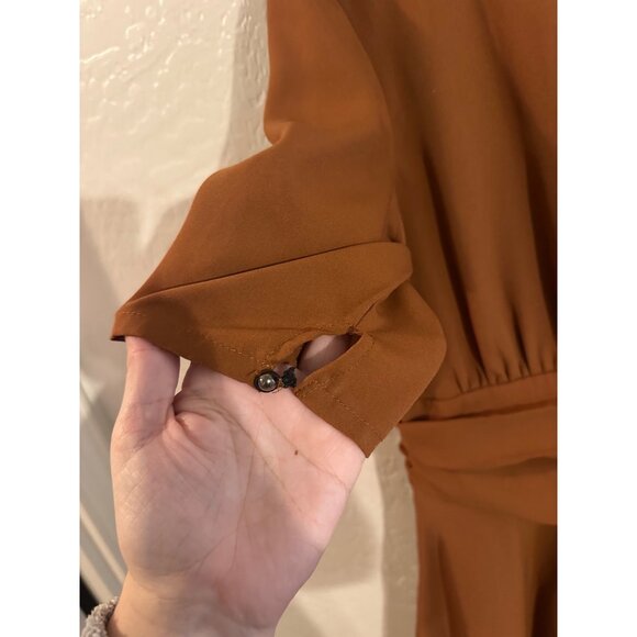 Y eShakti Retro Mocha Brown V Neck Ruched Middle Swing Midi Dress - Picture 7 of 15